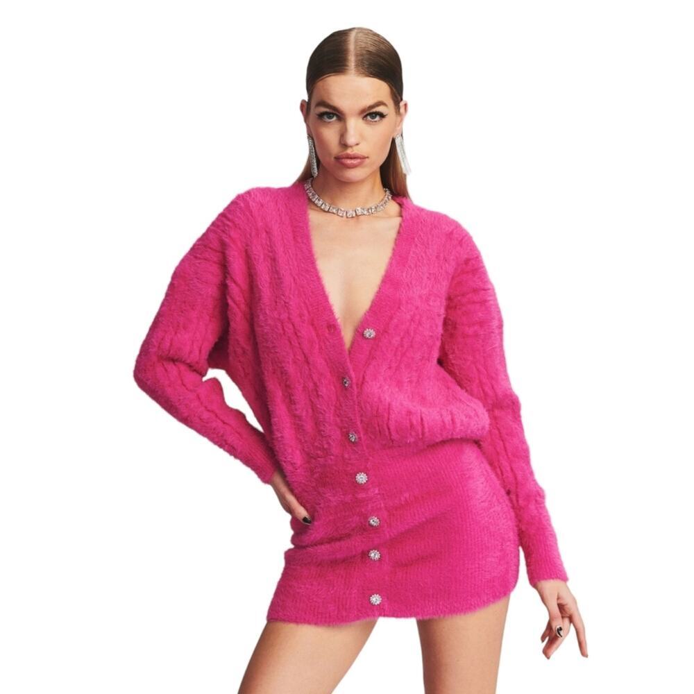 Retrofete Fuzzy Knit Sweater Dress Magenta Hot Pink Barbie
